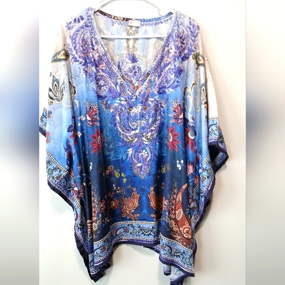 Handmade 100% Polysilk Embroidered Blue Purple Floral Artsy Caftan Cover-up OS - Picture 1 of 8